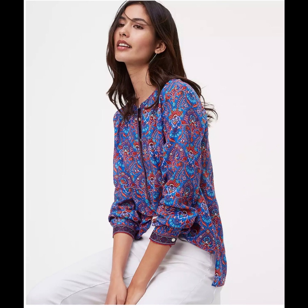 LOFT Purple and Pink Long Sleeve Paisley Blouse